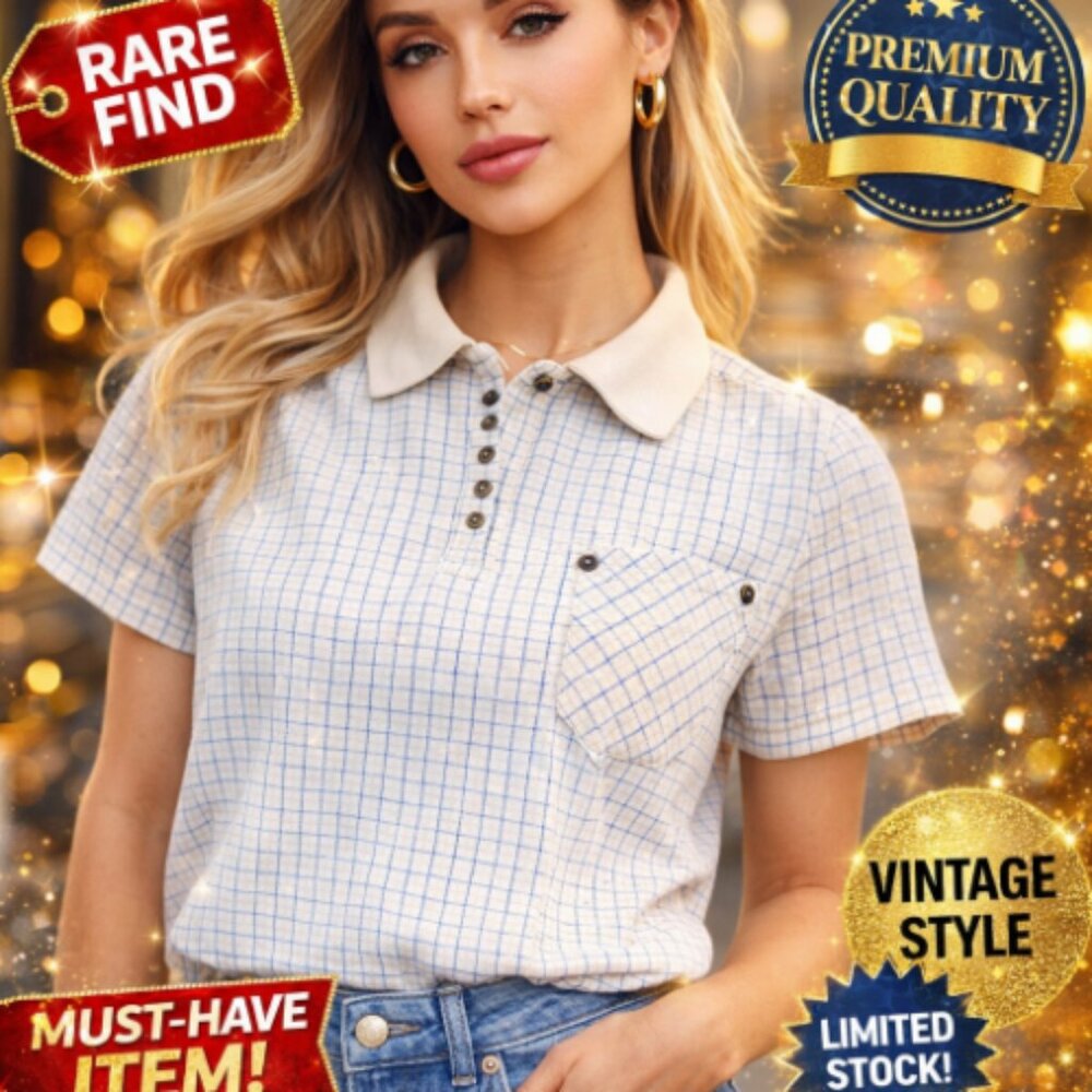 Angelic Imp Beige and Blue  Vintage Plaid Crop Top Women's Size Small